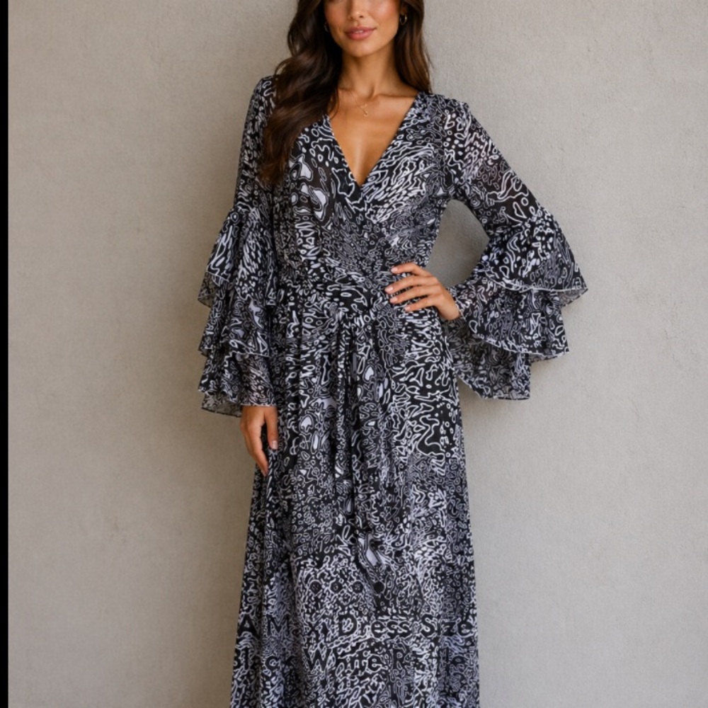 AA FRIDA Maxi Dress Size S Small Formal Black White Tiered Ruffle Sheer Elegant